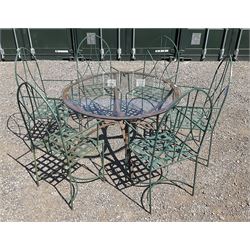National Trust - wrought metal circular garden table, with glass top; and six high Gothic back chairs - THIS LOT IS TO BE COLLECTED BY APPOINTMENT FROM DUGGLEBY STORAGE, GREAT HILL, EASTFIELD, SCARBOROUGH, YO11 3TX