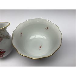 Herend Chinese Bouquet Rose pattern tea service comprising teapot, coffee pot, open sucrier, six cups and saucers, six tea plates, cream jug and stand, milk jug, two teabag holders, preserve pot, two leaf shaped dishes, four egg cups, salt & pepper pots, pair side plates and another plate