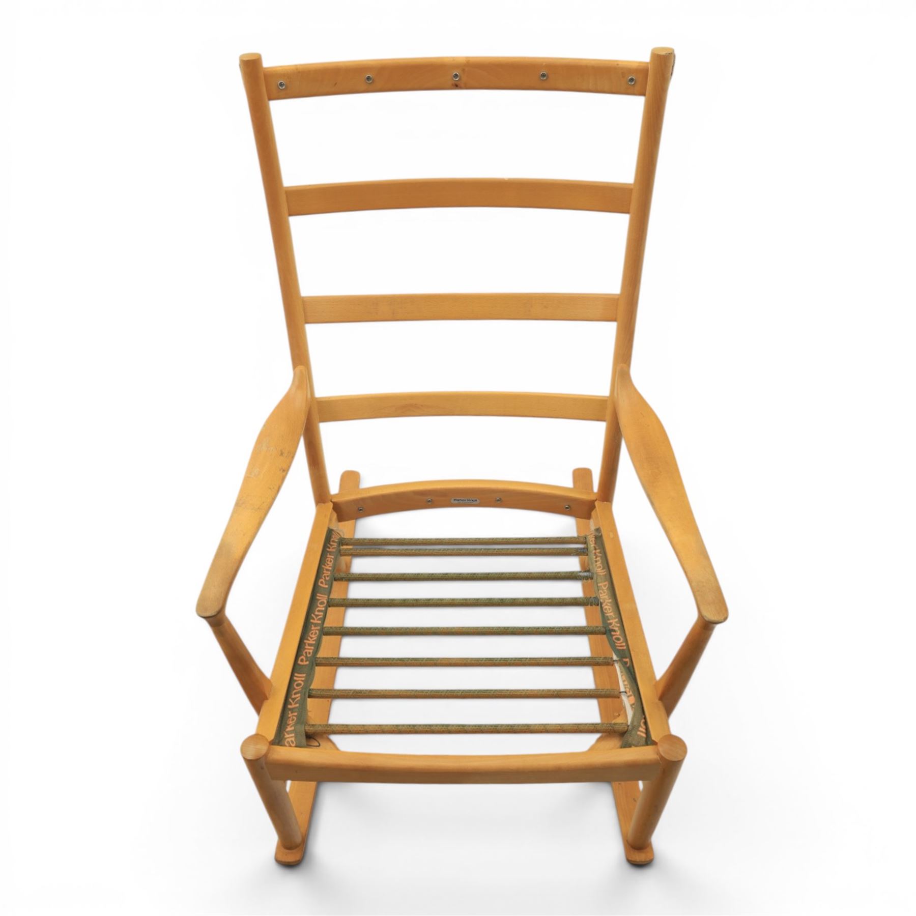 Parker Knoll -model '480' rocking beechwood chair, loose seat cushions above an elasticated webbing seat, curved rocker base 