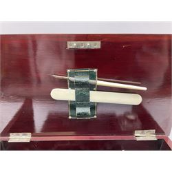Edwardian inlaid mahogany correspondence box, with a hinged lid opening to reveal a fitted interior, fall front leather writing surface, H21cm, L33.5cm. 