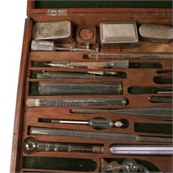 Medical instruments, including glass thermometers, unicometer, sulfatometer, ammonia meter, acidimeter for urine, albumenometer, sacchanometer, syringes etc, contained within wooden box