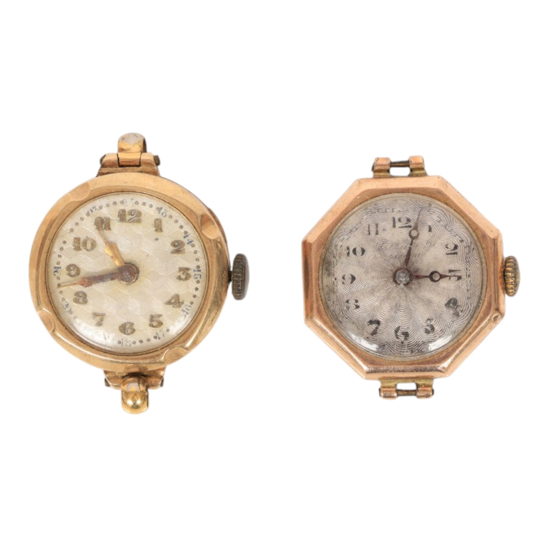 Five 9ct gold manual wind wristwatches, one on a 9ct rose gold expanding bracelet and an 18ct gold manual wind wristwatch, on brown leather strap