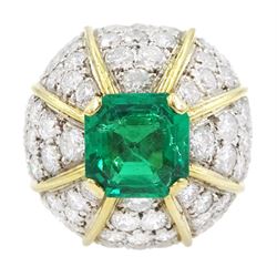 18ct white and yellow gold emerald and diamond dome ring, octagonal cut emerald, surrounded by eight sections of pave set round brilliant cut diamonds, emerald approx 3.65 carat, total diamond weight approx 4.00 carat