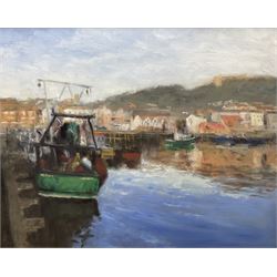 Neil Tyler (British 1945-): 'East Coast Trawler' in Scarborough Harbour, oil on board signed, titled on label verso 40cm x 50cm