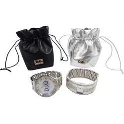 Two Dolce & Gabbana 'Time' crystal set stainless steel wristwatches, both with a Dolce & Gabbana pouch