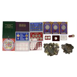 Coins including coinage of Great Britain 1970 proof set, United Kingdom 1997 brilliant uncirculated coin collection, various unofficial sets in plastic displays, three Isle of Man commemorative Harry Potter crown coins, United States of America 1982 silver half dollar, pre-decimal and other Great British and World coins etc 