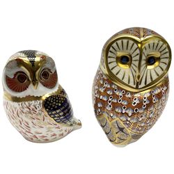 Two Royal Crown Derby paperweights, comprising tawny old with gold stopper and a barn owl with silver stopper
