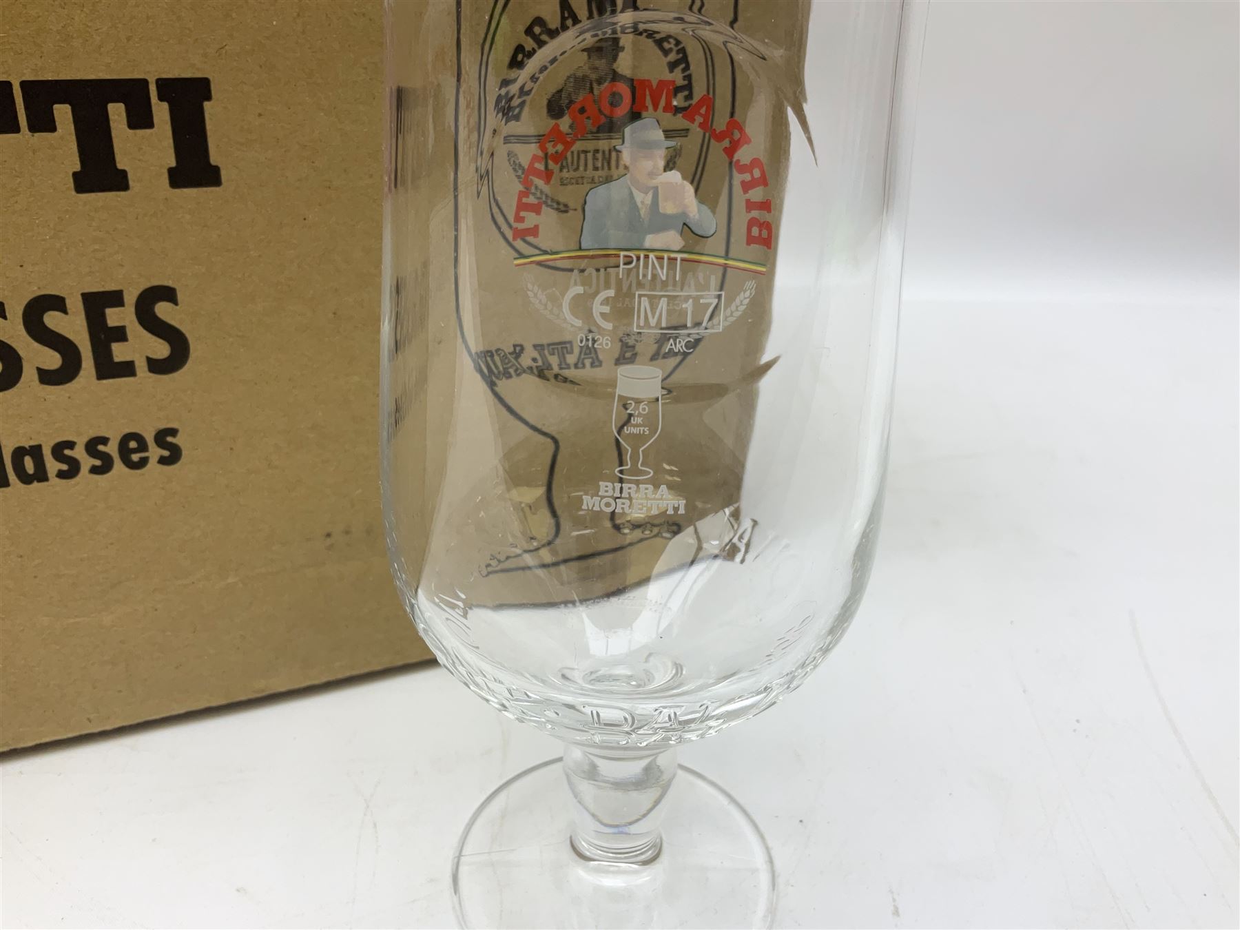 Set of 24 Birra Moretti pint glasses in original box