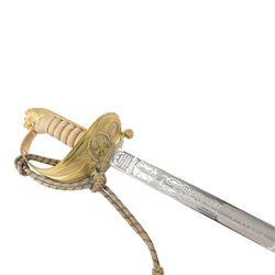 British 1827 pattern Naval officer's sword, named, by Wilkinson Sword Company in 1920 for P.H. Earle and retailed by Gives, the 80cm slightly curved blade etched to both sides, the brass guard held into scabbard by patent spring clip, lion head pommel and backstrap, with sword knot, within leather scabbard with three brass mounts, twin suspension rings and attached belt and suspension straps with gilt buckle and braid, overall L98cm 