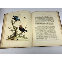 Edwards (George). Natural History of Uncommon Birds, and of Some Other Rare and Undescribed Animals... Exhibited in two hundred and ten copper plates, from designs copied immediately from nature, and curiously coloured after life... to which is added, a brief and general idea of drawing and painting in water-colours; with instructions for etching on copper with aquafortis: likewise some thoughts on the passage of birds; and additions to many of the subjects described in this work, 4 volumes, printed for Author, at the College of Physicians, in Warwick-Lane, 1743-51, & Gleanings of Natural History, exhibiting figures of quadrupeds, birds, insects, plants &c. most of which have not, till now, been either figured or described, 3 volumes, printed for the author, at the Royal College of Physicians, in Warwick-Lane, 1758-64, 7 volumes in all, containing 362 fine hand-coloured copper engraved plates (210 and 152 plates respectively to each work), uncoloured engraved portrait of the author by Johann Sebastian Muller after Bartholomew Dandridge, the three volumes of Gleanings of Natural History with parallel English and French printed text in double column, marbled endpapers, bookplate of William Hudson Hulme Hall Cheadle Hulme to front pastedown of each volume, contemporary uniform full red leather, with patterned outer border to each cover, panelled spines and all edges gilt, 4to (29 x 24 cm) (7) A fine set in contemporary uniform binding of 'one of the most important of all bird books, both as a fine bird book and a work of ornithology' (Sitwell, Fine Bird Books). The father of British ornithology, George Edwards (1694-1773) was appointed librarian at the College of Physicians, with the assistance of Sir Hans Sloane, who also employed him to draw curiosities from his own collection. These drawings, as well as others made by Edwards from the collections of his circle, including Mark Catesby, and the Dutchman Gideon Loten, formed the basis of his Natural History. Amongst the species described, some of which appear in print for the first time, are many from India and North America. Edwards personally oversaw the colouring of the engravings - 316 of which are of birds - carefully supervising the colourists who worked from twelve model copies coloured by the author himself. The work includes 'some brief instructions for etching on engraving on copper-plates', Edwards having been encouraged to etch his own plates by Catesby, and 'A Brief Idea of Drawing and Painting in Water-Colours'.
