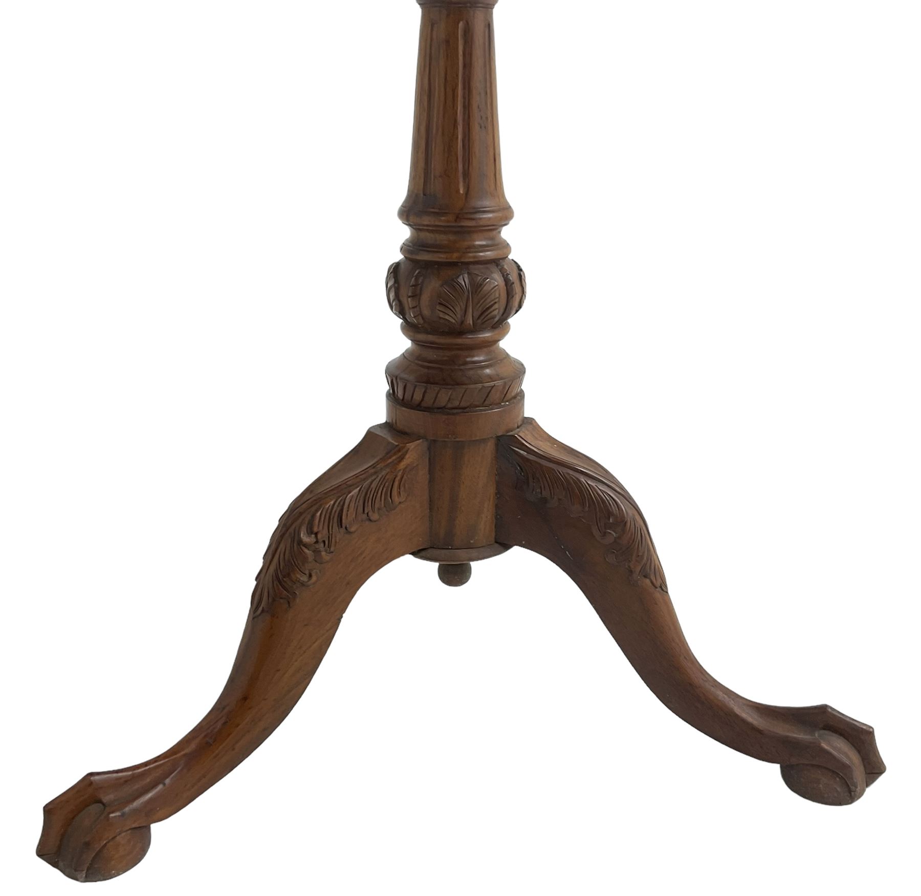 Georgian design hardwood tripod table, moulded pie-crust tilt-top, turned and fluted column carved with foliage, on three acanthus leaf carved splayed supports with ball and claw feet