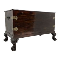 19th century camphor wood and mahogany silver chest, the hinged banded top with circular brass mounts which secure the interior strap hinges, fretwork metal strapping to the corners, on stand with plain frieze and acanthus carved cabriole ball and claw feet