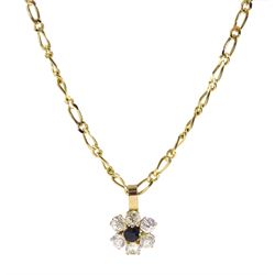 9ct gold paste stone set flower pendant, on 18ct gold Figaro link necklace, stamped 750