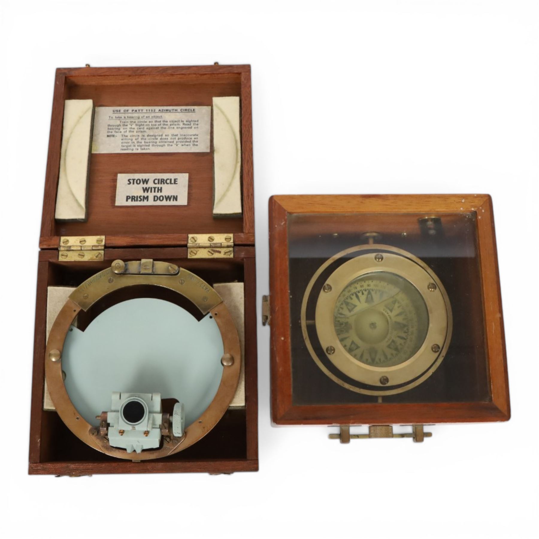 Admiralty pattern Azimuth circle, no. 1152 and a brass nautical compass on gimbal, both in wooden cases
