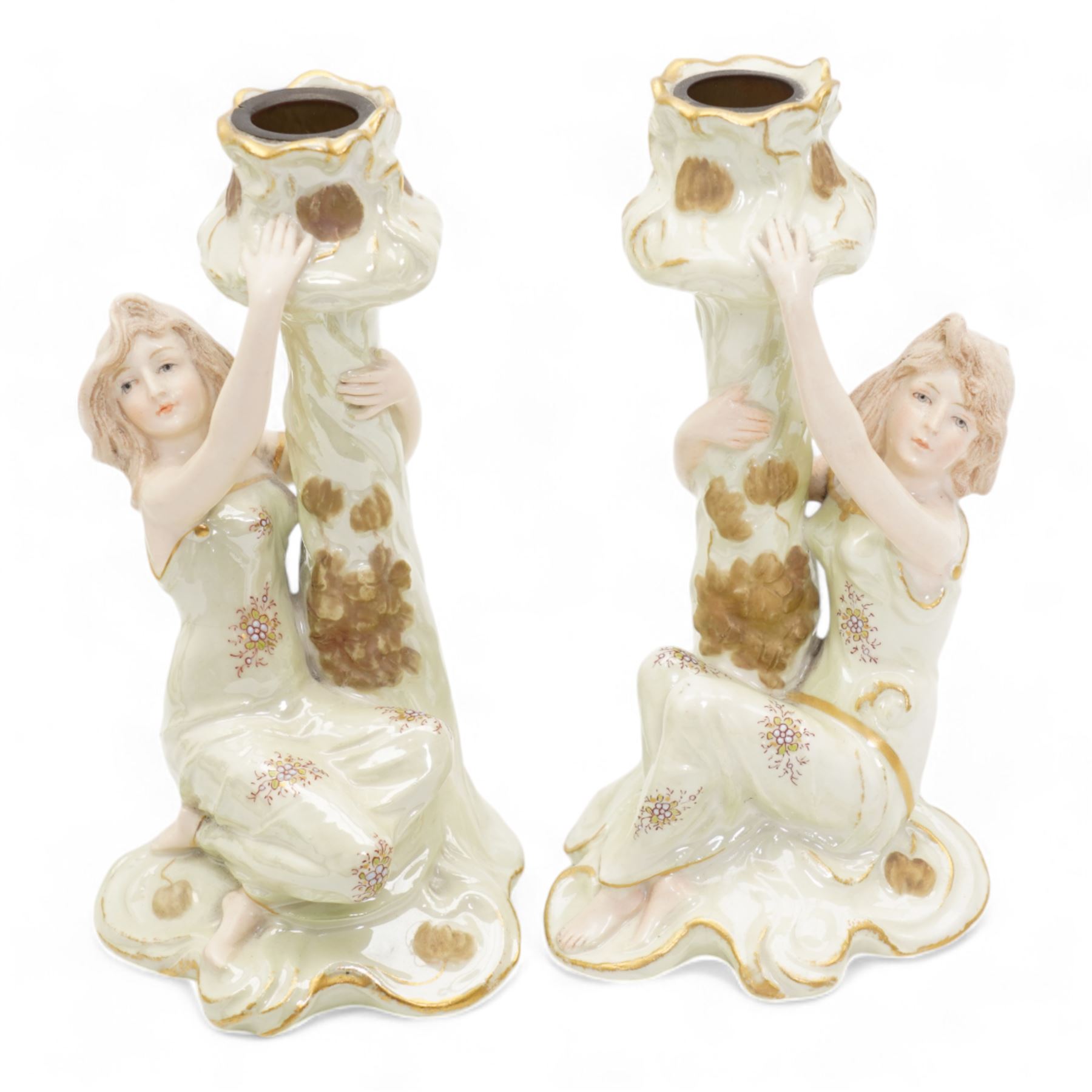 Ernst Wahliss for Turn Wien Austrian Art Nouveau dressing table set, comprising tray, pair of trinket boxes, ring tree and a pair of candle sticks, decorated with maidens and stylised flowers, tray unmarked, tray 42.5cm x 24cm