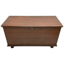 Victorian scumbled pine blanket box, fitted with hinged lid and metal carrying handles, lower applied moulded edge, on turned feet