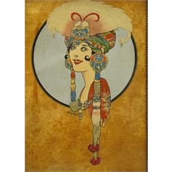 René Bull (Irish 1872-1942): Art Deco Portrait of a Flapper-Girl in Elaborate Headdress, mixed media on velum signed 30cm x 21cm