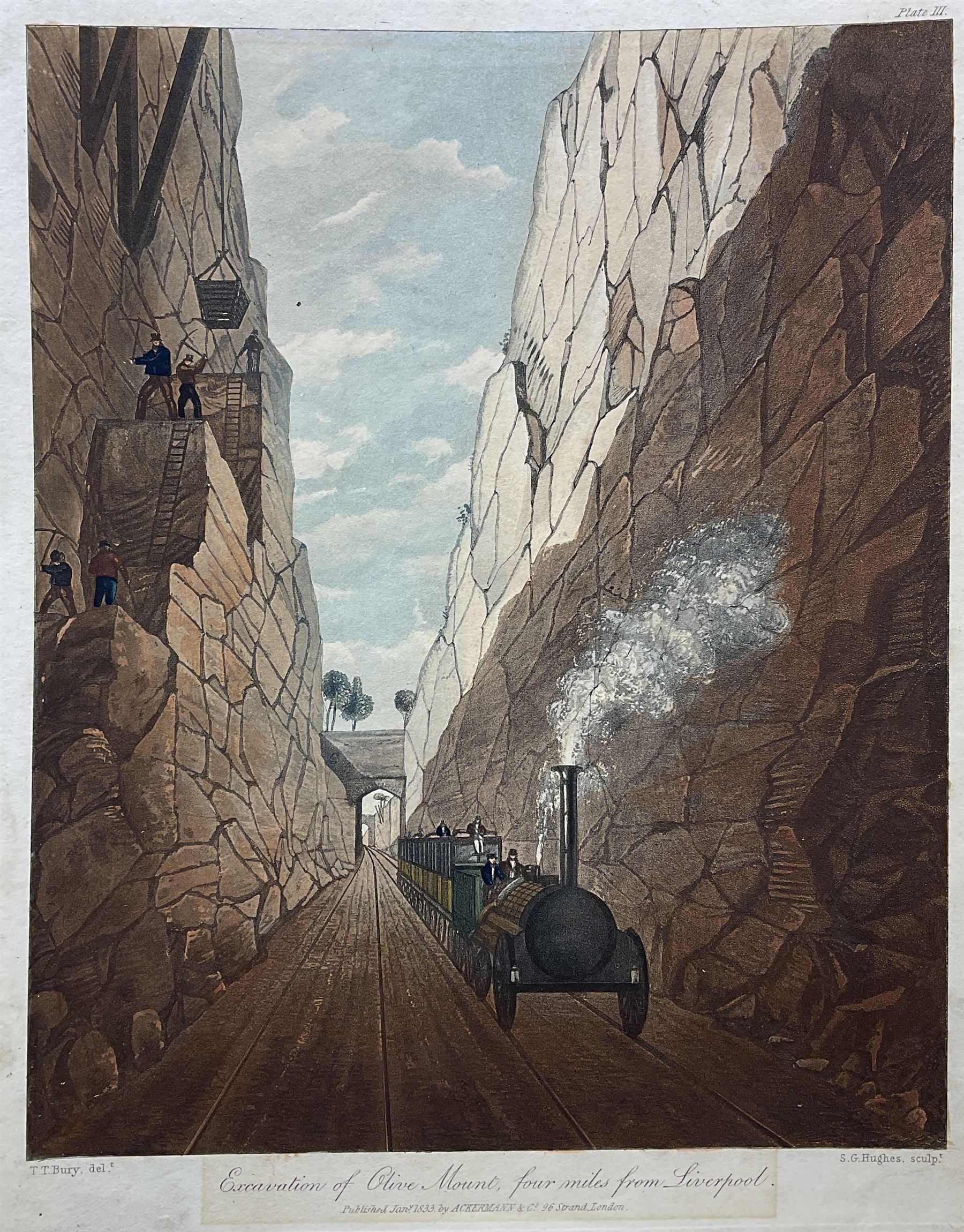 Henry Pyall and S G Hughes after Thomas Talbot Bury (British 1811-1877): Views on the Liverpool and Manchester Railway, twelve aquatints (two doubled up) with hand colouring pub. Ackermann c.1831-1833, 20cm x 25cm (12) (unframed)
Notes: Plates consist of: '[1] The Tunnel' (x2) (both 1831 and 1833 editions), '[2] Entrance of the Railway at Edge Hill Liverpool', '[3] Excavation of Olive Mount four miles from Liverpool', '[6] Entrance into Manchester across Water Street', '[8] Railway Office Liverpool', '[9] Warehouses at the end of the Tunnel towards Wapping' (x2) (both 1831 and 1833 editions), '[10] Moorish Arch looking from the Tunnel' '[11] Near Liverpool looking towards Manchester', '[12] Rainhill Bridge', '[13] Taking in Water at Parkside'.