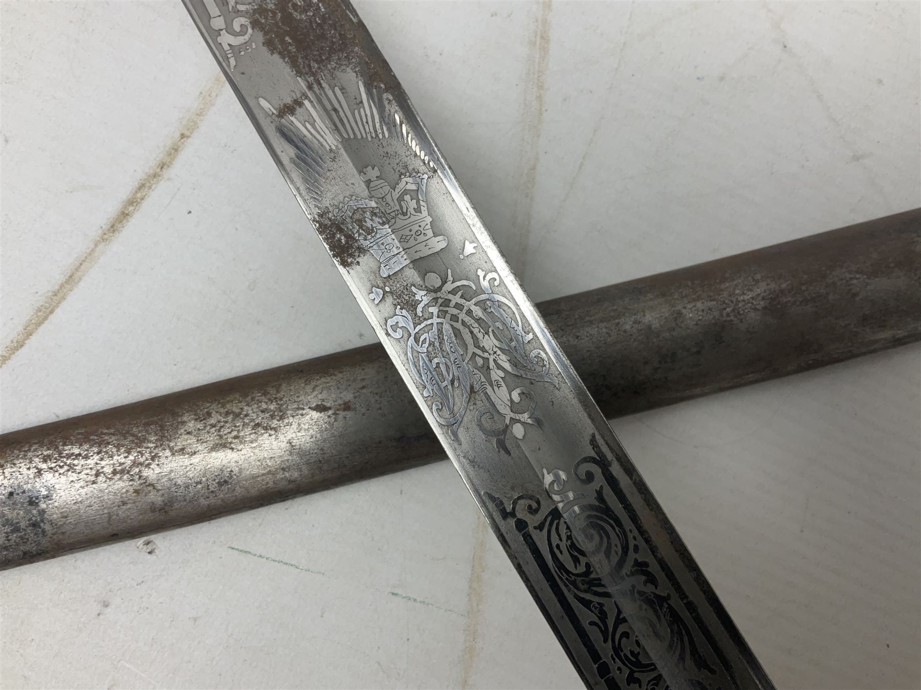 Victorian British Army officer's sword by Hobson & Sons Little Windmill Street London, the 82cm fullered steel blade etched with crowned Victoria cypher and 'HM 1st West York R.V.', lined gilded brass three-bar hilt incorporating Victoria cypher and wire-bound fish skin grip with plaited knot; in steel scabbard with two hanging rings L99cm overall