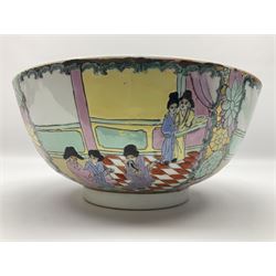 Chinese Qing Dynasty bowl, decorated in polychrome enamels with figures and courting couples, bordered by flower heads upon a gilt ground, with red cross mark beneath, D30.5cm