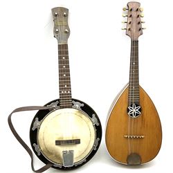 Melody-Uke four-string ukelele banjo, makers plaque to head stock L59cm; and Italian eight-string lute-back mandolin with mahogany stained segmented maple back and spruce top L59cm (2)