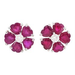 Pair of 18ct white and yellow gold heart cut ruby and round brilliant cut diamond, flower ...