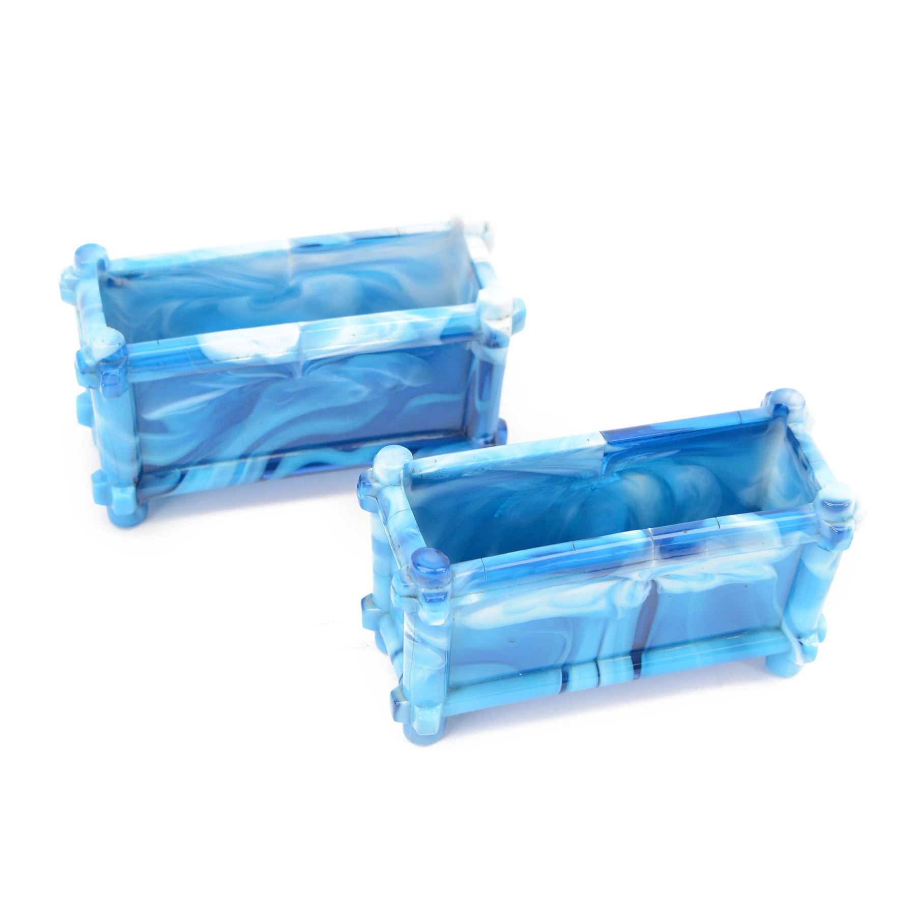 Late 19th century Sowerby Lavenders Blue glass trough, together with pair of Sowerby turquoise end of day malachite glass troughs and one other