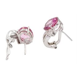 Pair of 14ct white gold oval pink sapphire and round brilliant cut diamond pendant stud earrings, stamped