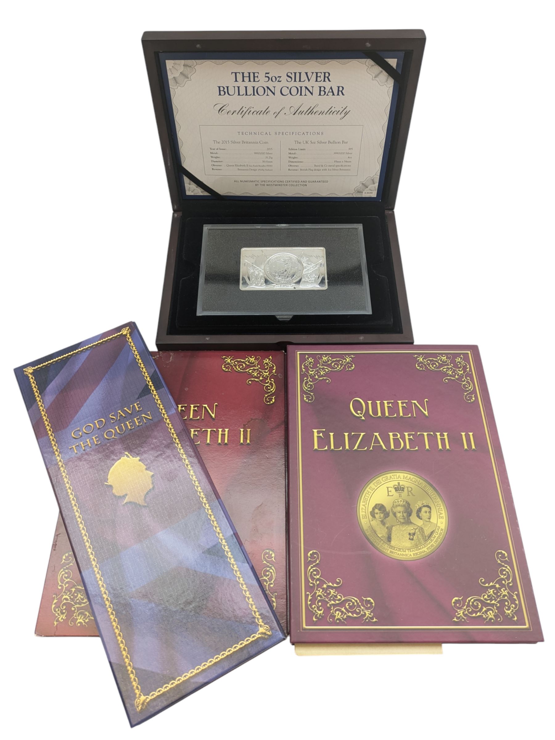 Baird and Co five ounce fine silver bullion 'Britannia Coin Bar', formed from a one ounce United Kingdom one ounce silver Britannia coin set into a four ounce bar, cased with Westminster certificate, together with various Queen Elizabeth II commemorative coins or medallions in card folders