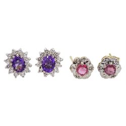 Pair of 9ct gold amethyst and cubic zirconia oval cluster earrings and a pair of ruby and diamond chip flower head cluster earrings