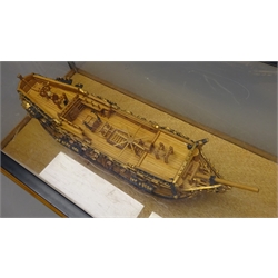  Wooden scale model of the 6th Rate Ship TM Whitehead de-rigged,on stand in perspex case, W54cm, H24cm, D29cm  