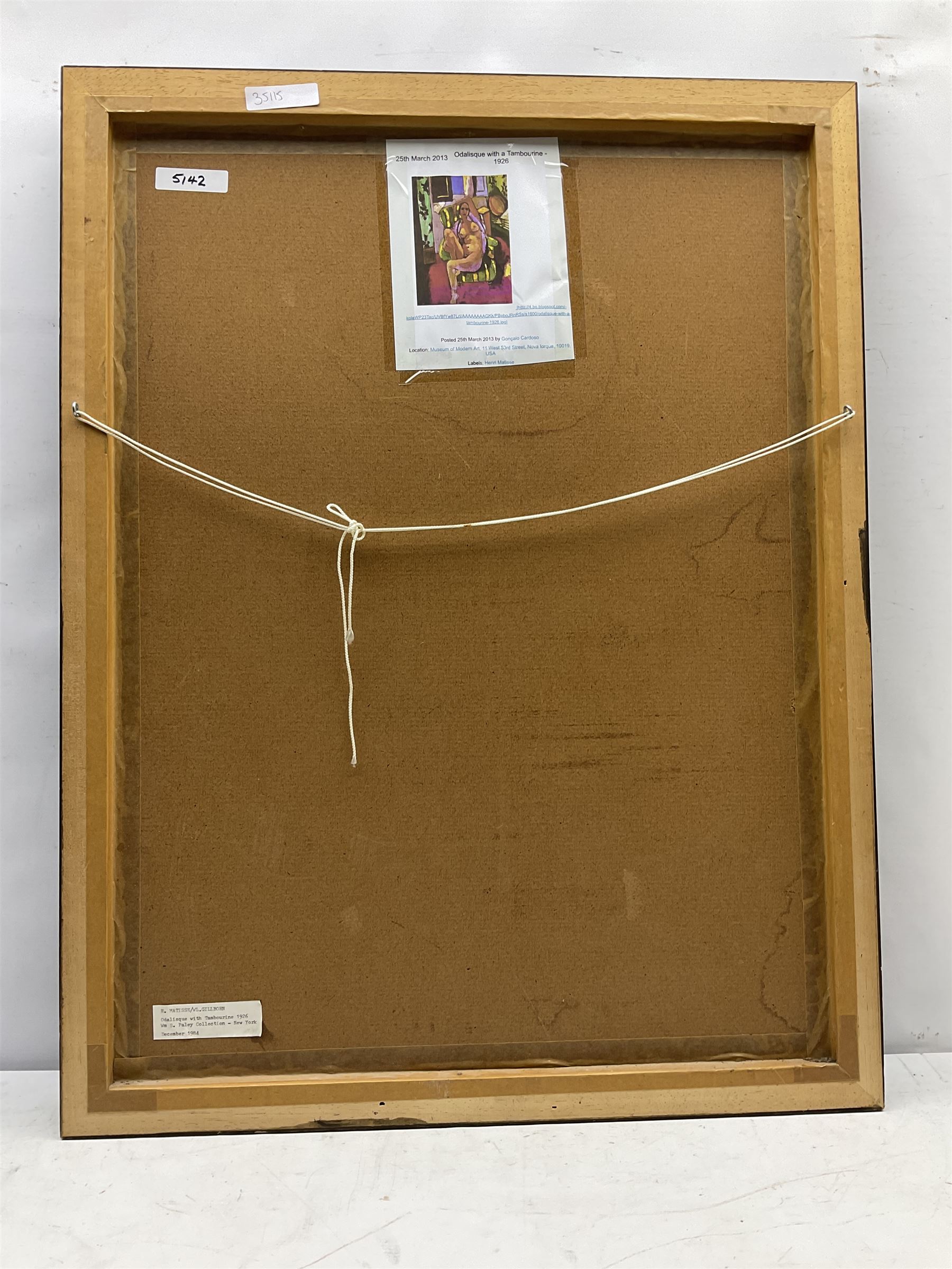 WL Gillborn (British 20th century) after Henri Matisse (French 1869-1954): 'Odalisque with a Tambourine', oil on board signed with monogram and dated '84, 70cm x 53cm