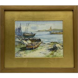Albert George Strange (British c.1855-1917): Scottish Inlet with Fishing Boats on the Shoreline, watercolour signed 20cm x 26cm