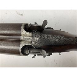 19th century John Jefferson of Scarborough 6-bore (modern 4-bore) double barrel side-by-side percussion gun, with 81cm stub twist damascus barrels (no provision for ramrod), well figured walnut stock with fine chequered grip and fore-end with horn tip and steel butt plate with long tang, well engraved lock and hammers with half-cock safeties on both sides, barrel sling swivel but rear sling swivel removed and replaced with silver escutcheon, London proofmarks, NVN, L128cm