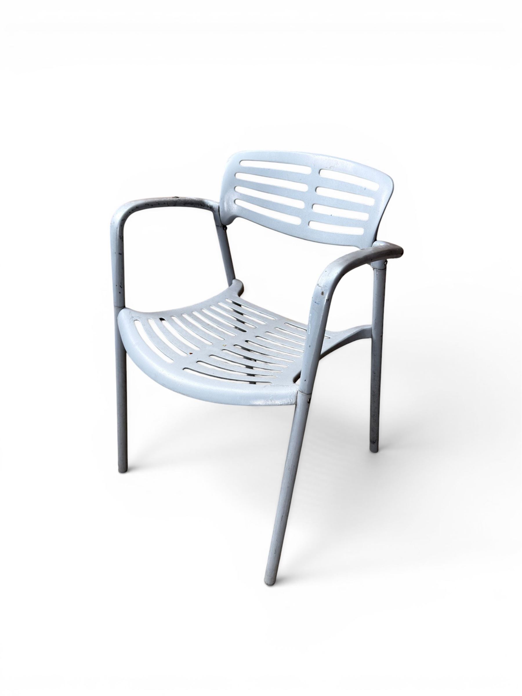 Set of eight mid-20th century painted aluminium garden armchairs, curved backs with shaped seat, stackable