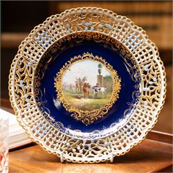 19th century Meissen cabinet plate, the reticulated border modelled with trellis panels an...