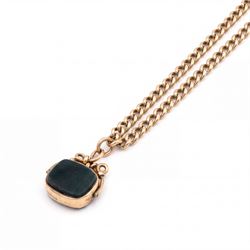 19th / early 20th century 9ct rose gold graduating Albert / necklace chain, stamped 9 375, suspending a 9ct gold bloodstone and agate swivel fob, Birmingham 1892