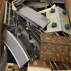 Model railway items - track, carriages etc, contents in two boxes