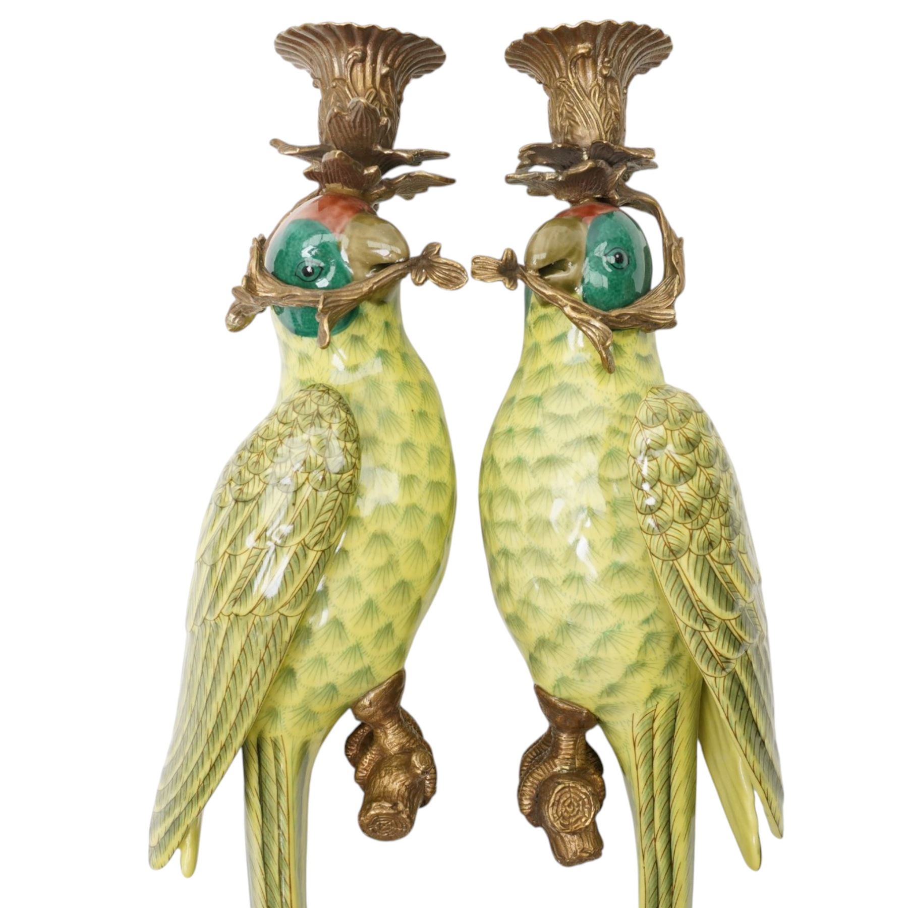 Pair of wall sconces, formed as two green parrots, with gilt-metal candle holders, H48cm
