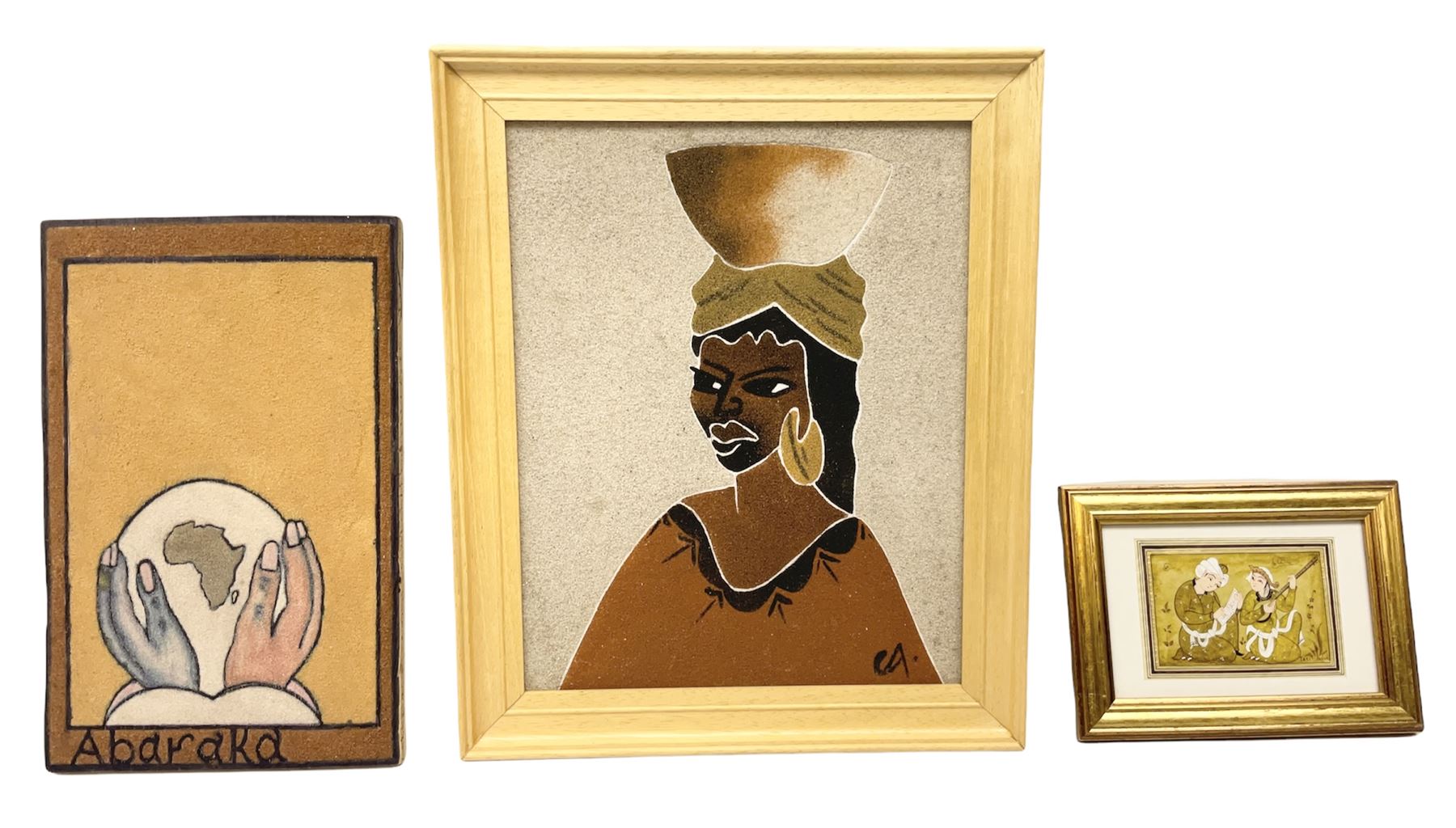 Jasur Orziev (20th century): Couple playing Sitar, miniature gouache signed; African School (20th century): Woman with Bowl on Head, sand on board signed CA together with another sand painting with hands on a globe inscribed Abaraka max 29cm x 23cm (3)