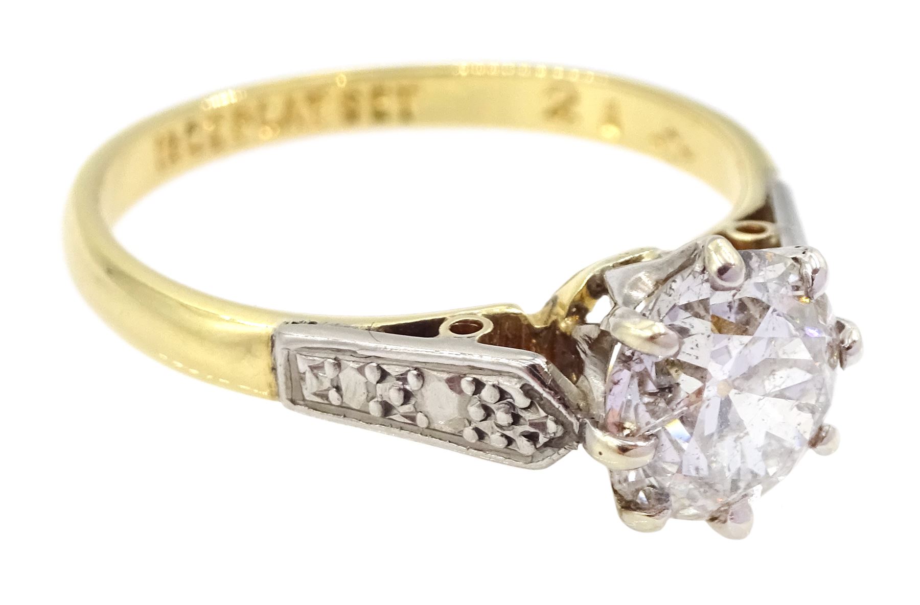 18ct gold single stone round transition cut diamond ring, stamped, diamond 1.20 carat, with World Gemological Institute report