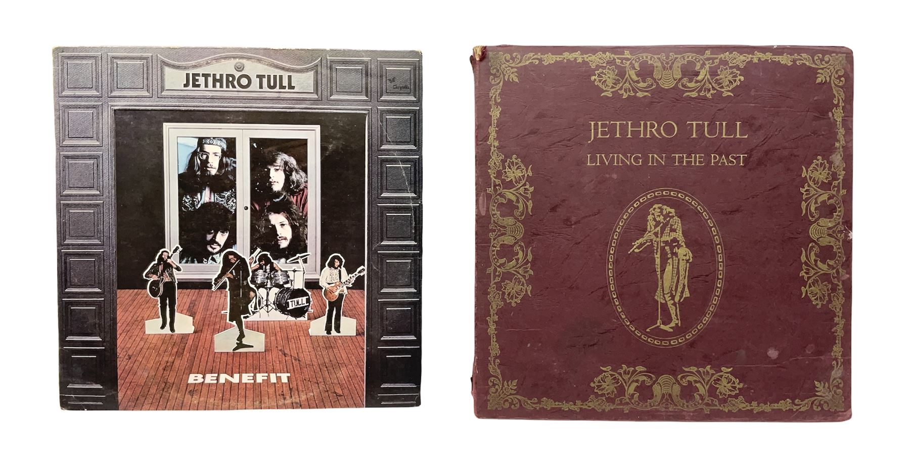 Jethro Tull Living in the Past double vinyl long play LP record album with gatefold sleeve and booklet, released 1972 with green Chrysalis labels, together with Jethro Tull Benefit LP (ILPS 9123), with 1972 Chrysalis green label