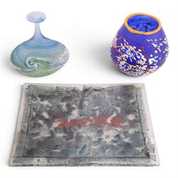 Art glass vases, of squat form with elongated neck, decorated with waves, together with another vase and a glass tray, largest H17cm