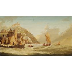 Jan Dommersen (Dutch 19th century): Ships off a Coastal Castle, oil on canvas signed 34cm x 59cm