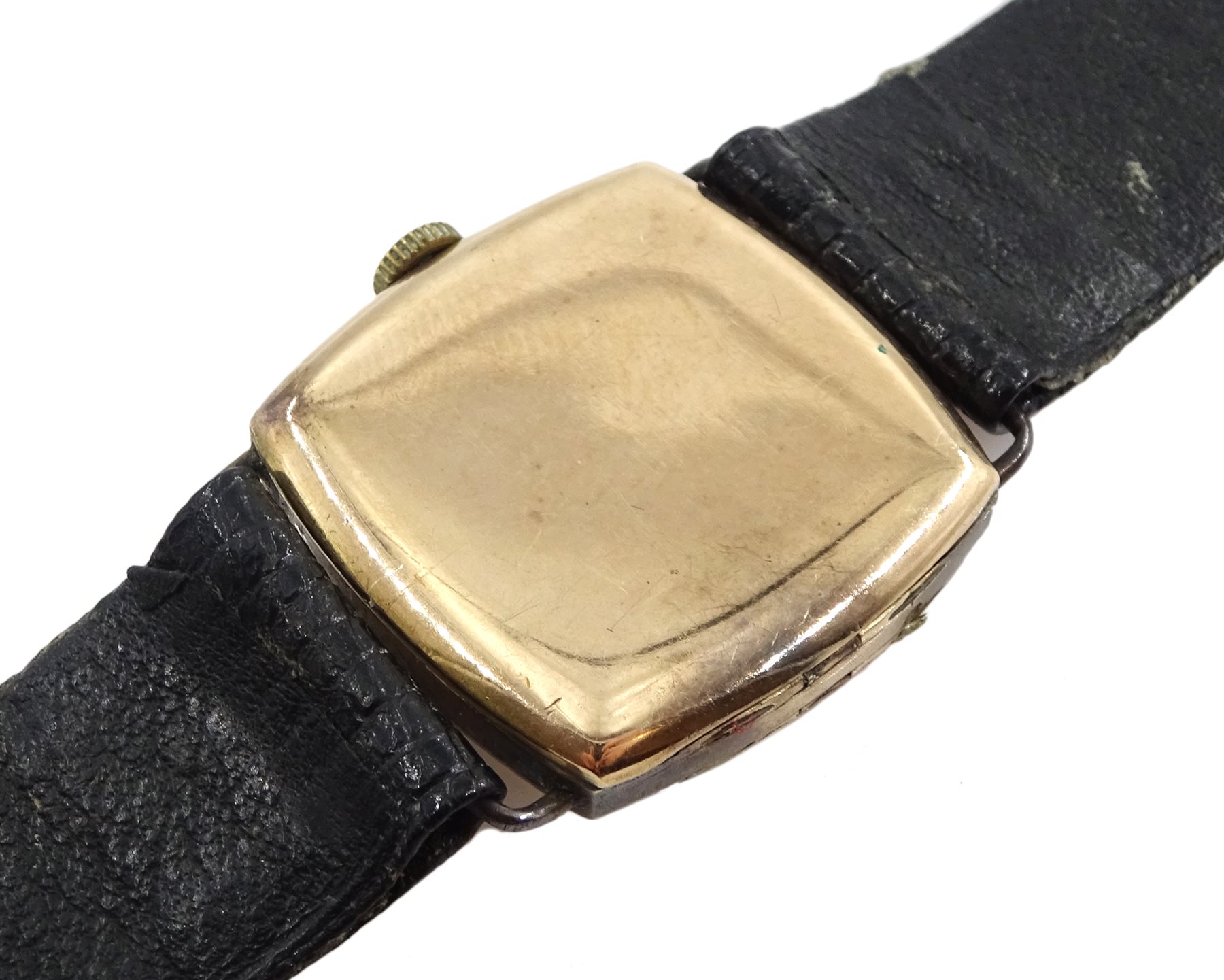 Rolex 9ct gold wristwatch case No.1087599, London import marks 1929, on leather strap