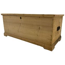 Victorian pine blanket box, hinged top, iron carrying handles