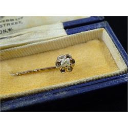 George III silver heart shaped caddy spoon, makers mark IT, Birmingham 1812, gold diamond stick pin, silver cigarette case by Henry Matthews, Birmingham 1906, three silver thimbles and a silver table spoon Fiddle pattern  by John Stone, Exeter 1842