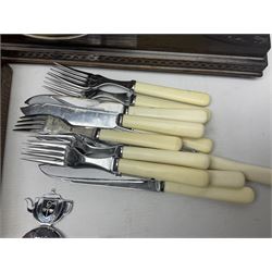 Mid 20th century cigarette box in the form of a gondola, the faux tortoiseshell with mother of pearl inlay (a/f), cased mantel clock with silvered numerical dial, oak lidded tea jar caddy, oak box, silver-plate cutlery, quantity of records, Smith's empire miniature clock, stamps etc