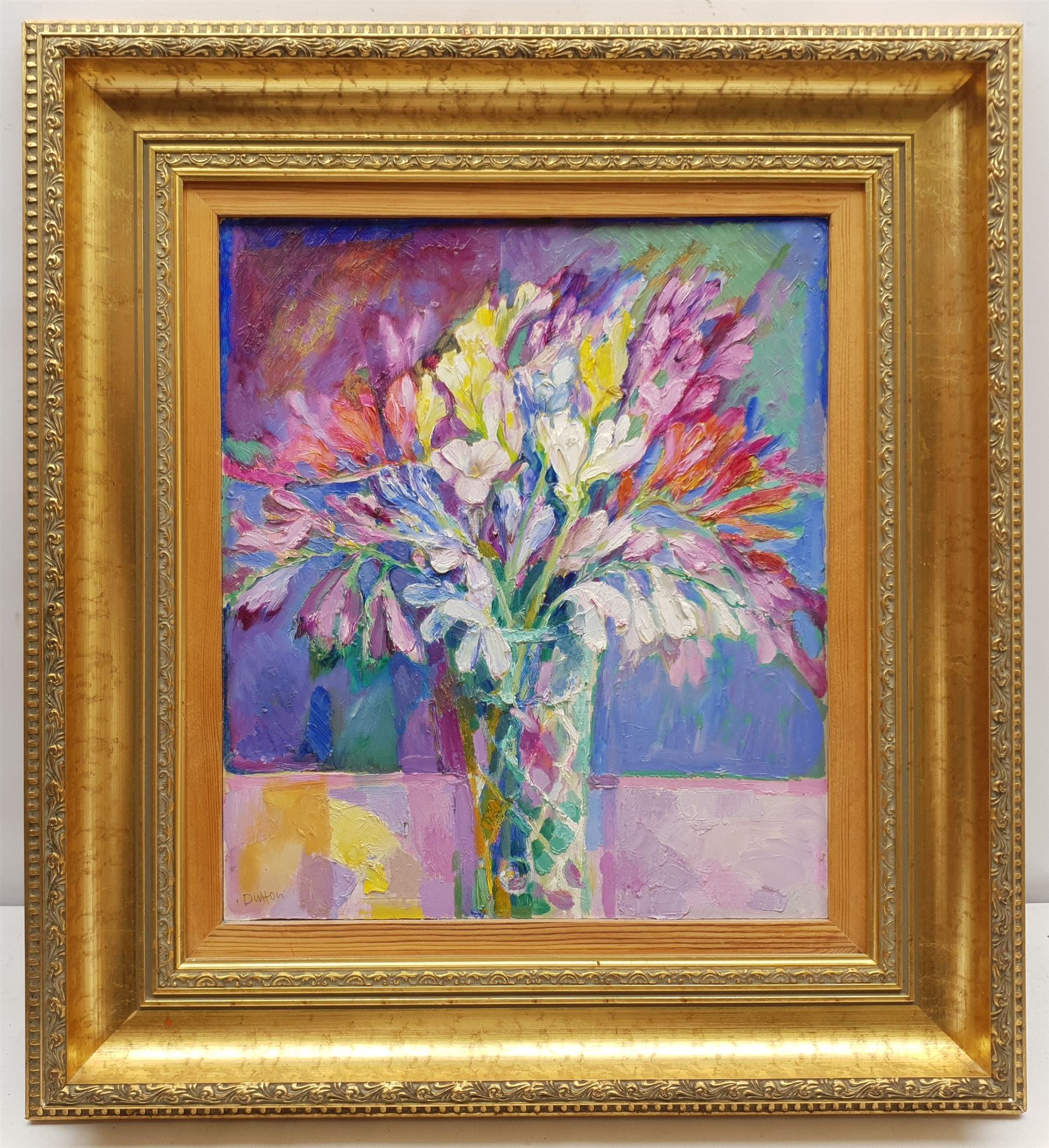 Martin Dutton (British 1939-): Still Life of Flowers, oil on board signed 35cm x 30cm