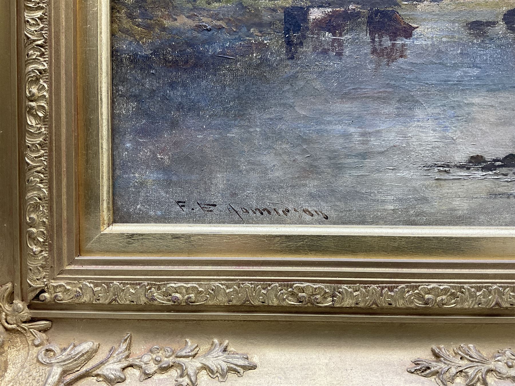 Francis E Jamieson (Scottish 1895-1950): Cattle Watering in the Highlands, oil on canvas signed 39cm x 59cm